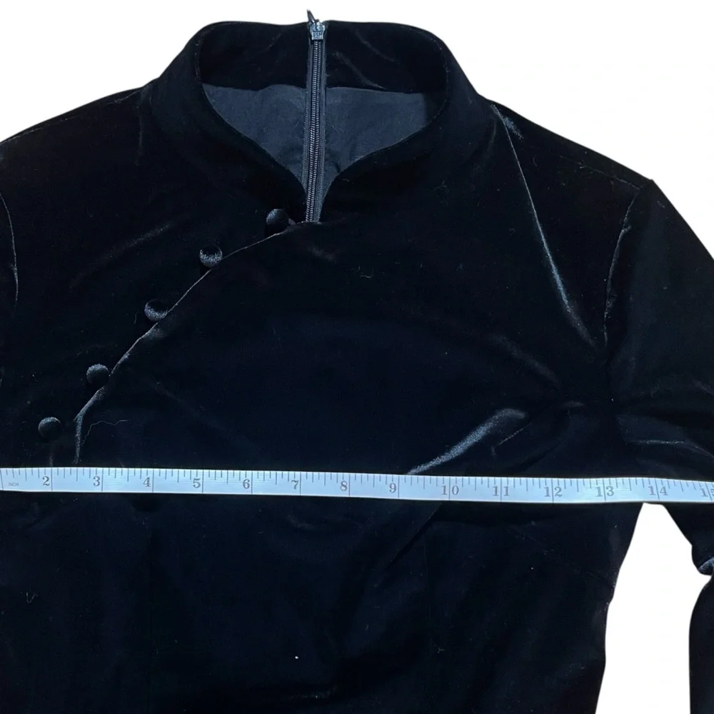 S Black Velvet Mandarin Collar Peplum Top Asian Inspired Back Zip - Picture 10 of 12